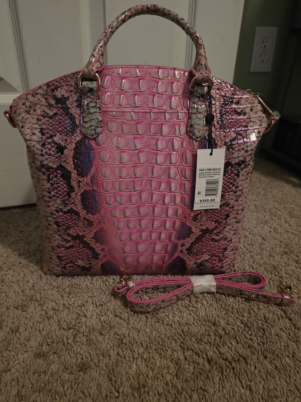 New Brahmin Pink Snake-Embossed Satchel with Purple Accents - Picture 6 of 13